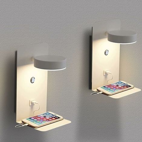 2 Pack Applique Murale Intérieur LED avec port USB 12W Tricolore Dimmable Lampe Murale moderne avec interrupteur Lampe De Lecture murale Rotatif 330° lampe de chevet Éclairage Veilleuse, Blanche (1/5)