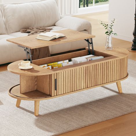Table basse relevable avec rangement dissimulé, veinage bois, table d'appoint de canapé, 120x50x39,5/55,5 cm, MDF, naturel (1/5)