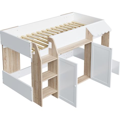 Letto a soppalco bambini 90 x 200 cm con vano aperto e scala, bianco e naturale (1/5)