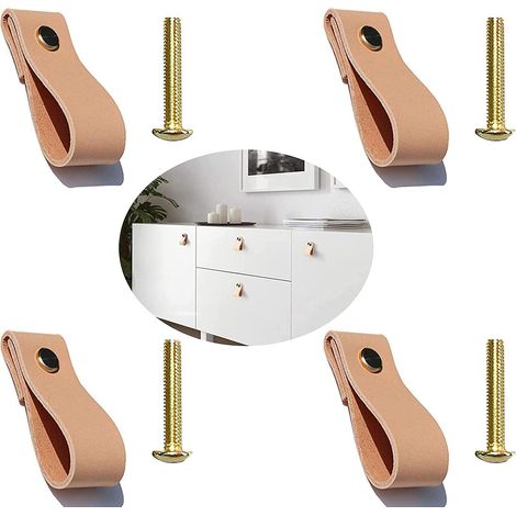 Lot de 4 boutons de meubles en cuir, poignées de tiroir et de porte, poignées originales en cuir pour portes et tiroirs. Très bon état.