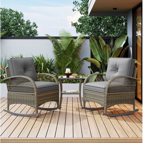 Conjunto de mecedoras de jardín de ratán gris, 3 piezas con mesa de cristal templado y cojines, carga 160 kg (1/5)