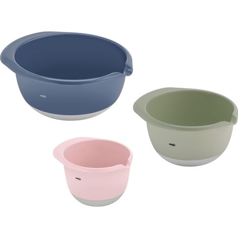 Lot de 3 bols mélangeurs en plastique  1,4 + 2,8 + 4,7 l  Fond antidérapant  Stabilité idéale  Lèvre verseur pour un versement précis et propre  Passe au lave-vaisselle