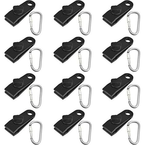 24 Stück Zeltclips, Markisenklemmen, Planenclips, zum Halten von Planen, Camping-Klemmclips aus Kunststoff mit Edelstahlkarabiner (schwarz) (1/4)