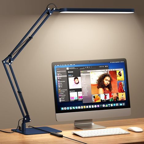 Lampe de Bureau - Base Ultra-Mince Et Bras Articule Reglable Lampe Bureau - Fonction Timer, Fonction De Memoire, 1300LM, 12W, Bleu (1/4)