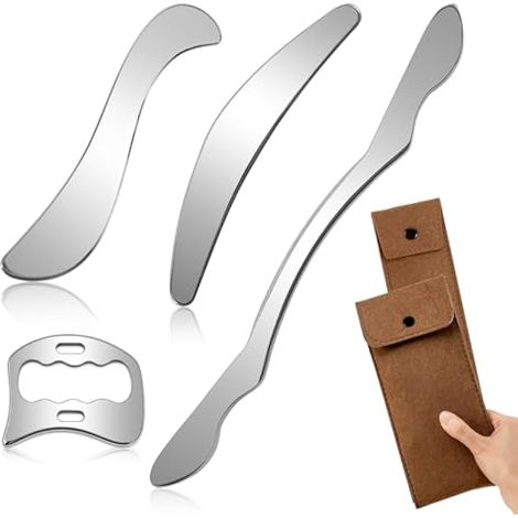 Grattoir musculaire 4 en 1 Gua Sha avec longue barre et bord Derma pour la physiothérapie, outil Gua Sha multifonction en acier inoxydable avec sac de rangement pour coudes, poignets, genoux et dos (1/5)