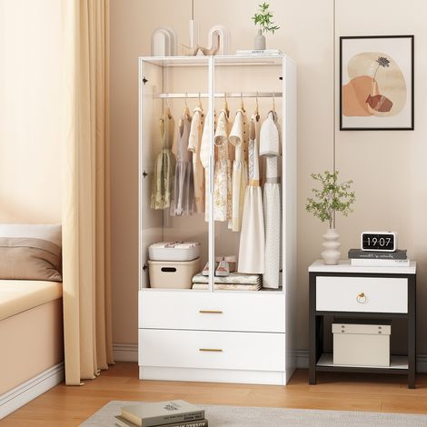 Kleiderschrank mit Glastüren 180 cm, Schrank mit Garderobenstange, Schiebetüren aus Glas, 2 Aufbewahrungsschubladen und LED-Beleuchtung – Weiß