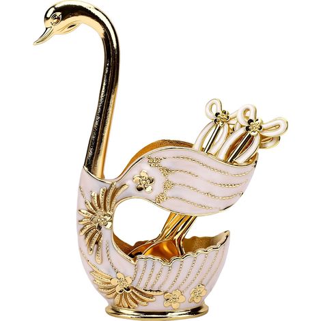 Ensemble de 6 cuillères à café en métal avec support cygne, base luxueuse, idéal pour le thé et les desserts. Décoration de bureau, or et blanc. (1/5)