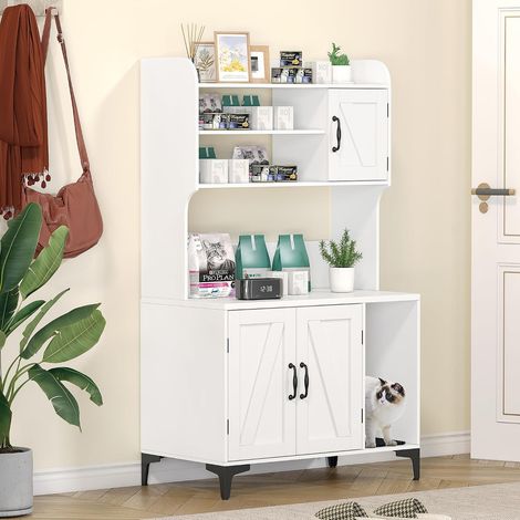 Meuble fermé pour bac à litière blanc avec rangement, accès facile et montage simplifié (1/5)