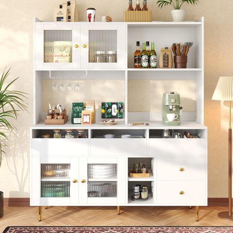 Credenza 145/39/171 cm bianca in MDF e metallo con ante in vetro e portabottiglie (1/5)