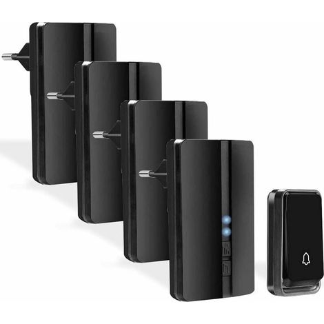 Timbre inalámbrico con cuatro receptores, resistente al agua, 4 niveles de volumen, 52 timbres, para puerta de entrada y exterior (negro) (1/5)