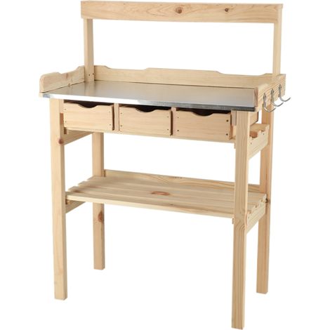 Table à rempoter en pin avec plateau zinc 3 tiroirs + étagère supérieure
