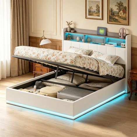 Lit coffre 140x190 cm avec éclairage LED, tête de lit avec rangement, LED et port USB, Rangement hydraulique, lit double capitonné - Velours beige