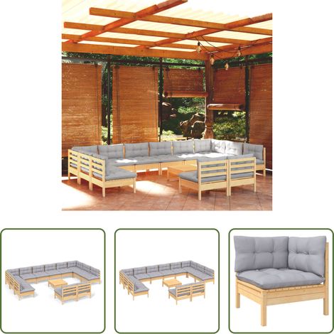 Terrassensofa - 13-tlg. Garten-Lounge-Set mit Grauen Kissen Kiefer Massivholz (1/5)