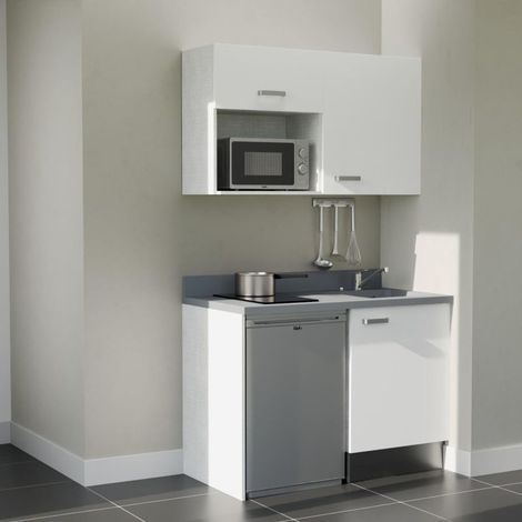 Kitchenette K07L - 120 cm - plan monobloc évier intégré Cromo- évier à droite - Façades Blanc + Electroménager inclus coloris Inox (1/5)