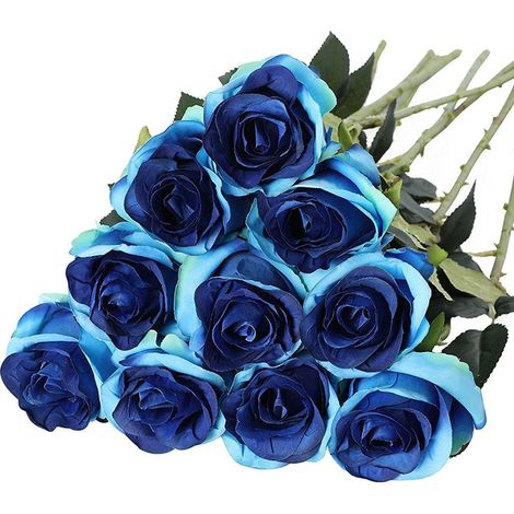 Lot de 10 roses artificielles rouges en flanelle, fleurs artificielles réalistes et décoratives pour mariage, maison et jardin, bleues