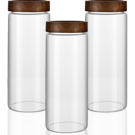 Lot de 3 bocaux de conservation en verre avec couvercle hermétique - 1500 ml - Avec couvercle en bois en spirale - Pour céréales, thé, grains de café, pâtes, farine, Oat d'Overnight Oat (1/5)