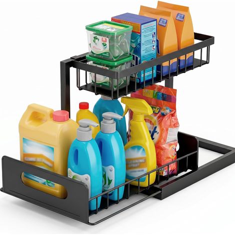 Organisateur sous evier a deux niveaux, etagere de rangement pour placards de cuisine, salle de bain, garage et buanderie, noir. Organisateur sous évier en métal à deux niveaux (1/5)