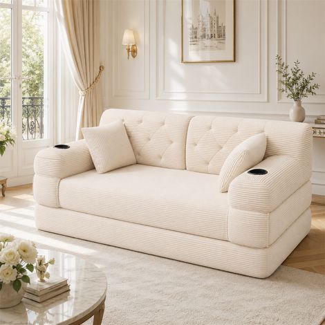 Canapé Lit Convertible 2 Places - 168x80x81cm - Banquette BZ en Velours Côtelé avec Porte-Gobelets et Poches - Beige (1/5)
