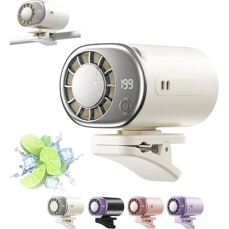 Ventilateur clip sur pince portable type climatisation mini, écran LED, USB rechargeable, vitesse réglable, fonction refroidissement, rotation 360° pour voiture et bureau, blanc (1/5)