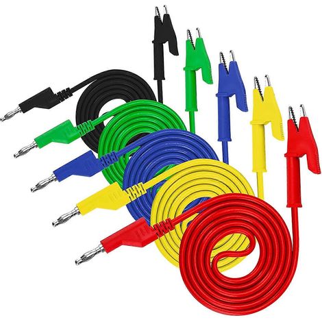 Lot de 5 cordons de test pour multimètre, fiches bananes 4 mm et pinces crocodiles, pour le test de câbles électriques et de fils. (1/5)