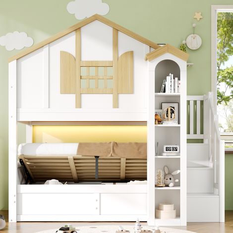 Lit mezzanine en bois massif avec couchage inférieur hydraulique, literie enfant 90x200 + 90x200 cm, lit cabane château avec échelle de rangement, éclairage LED intégré, blanc et bois naturel (1/5)