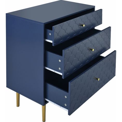 Commode à 3 tiroirs en bois et métal bleu marine 75x40x89 cm pour salon et chambre (1/5)