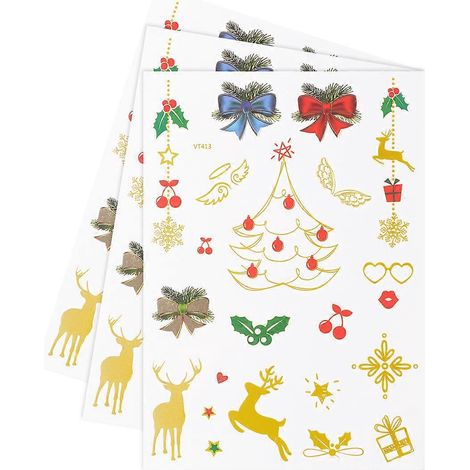 Lot de 3 autocollants temporaires imperméables dorés à motifs de nœuds papillon et de rennes pour sapin de Noël, avec paillettes, pour enfants et adultes. Décoration festive idéale pour les fêtes.