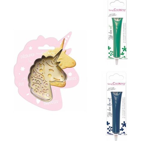 Kit pour biscuit en relief Licorne + 2 Stylos au chocolat vert et bleu nuit