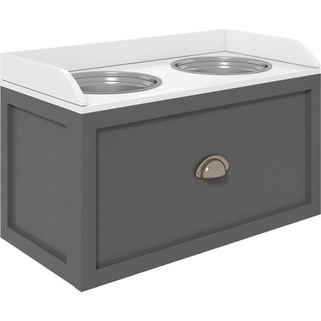 Ensemble double gamelles pour chiens et chats – meuble de rangement surélevé 2 en 1 avec tiroir, 2 gamelles – acier inoxydable. MDF blanc et gris. (1/5)