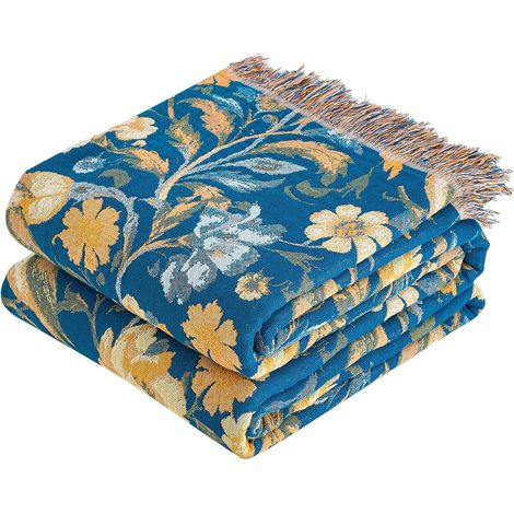 Couvre-lit/plaid de canapé en coton biologique 100% - 130x150 cm, jeté doux à motifs floraux double face pour fauteuil, canapé et couvre-lit simple. Bleu/Jaune (1/5)