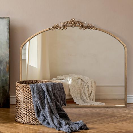 Miroir Vintage, 91,4 x 76,2 cm, Miroir Baroque Antique arqué, décoration Murale Traditionnelle dorée, décoration Murale ornée, pour Salle de Bain, Salon, cheminée, entrée (1/5)