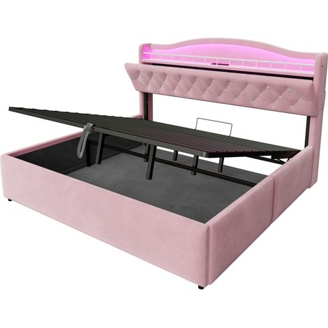 Cama baúl capitoné 180 x 200 cm en terciopelo rosa con LED, USB y USB-C (1/5)