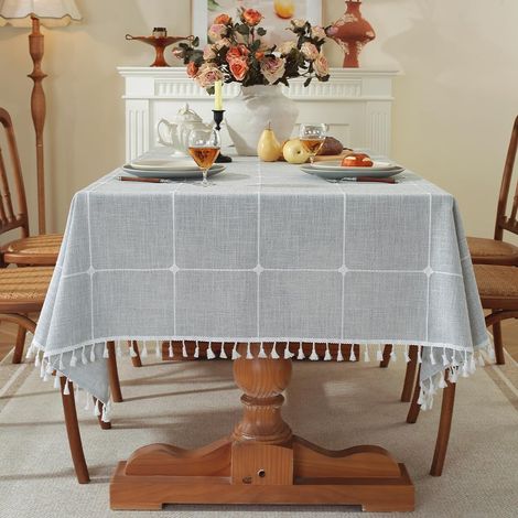 Nappe rectangulaire d'extérieur, lavable et résistante aux taches, en tissu, pour table à manger, pour la cuisine, pour pique-nique, à pompons (carré gris, 90 x 90 cm)