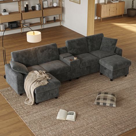 Canapé d’Angle 315x135x81 cm avec 2 Poufs, Rangement, Table Basse, USB et Type-C, Velours Côtelé Gris (1/5)