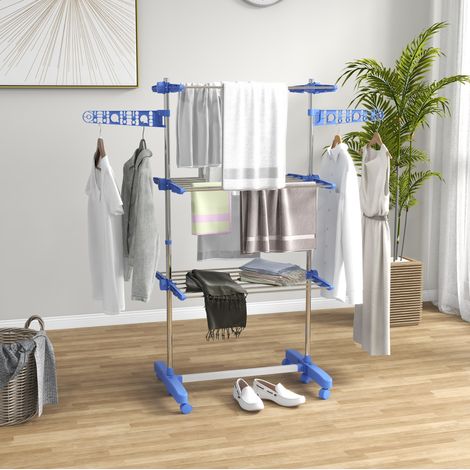 Tendedero torre plegable de 3 niveles con ruedas, acero azul DESVIAE (1/5)