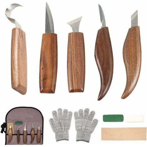 10Pcs Outils Sculpture sur Bois en Acier Carbone Ensemble d'outils de Sculpture sur Bois avec Couteau à Crochet Couteau à Découper Professionnels Outils de Gravure en Bois pour Travail du Bois (1/5)