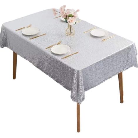 Nappe lavable aspect lin, en polyester déperlant à effet lotus, ovale, 120 x 180 cm, argentée, pour salle à manger et balcon (1/2)