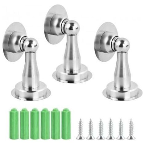 3 x Magnetic Door Stoppers,Stainless Steel Floor Door Block,No Drilling,with Adhesive Tape and Screws,for Floor or Wall Installation,Ideal for Home and Office (Silver) (1/5)