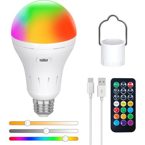 Ampoule Rechargeable USB-C Avec Télécommande, AC100-240V E27 LED 9W, CCTRGB à Intensité Variable Avec Commande Tactile, Ampoules Rechargeables, Lampe de Secours Extérieure 2200mAh, Lot de 1 (1/5)