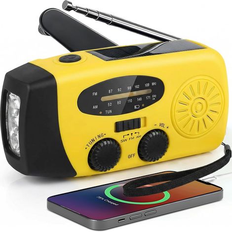 Radio solaire d'urgence avec manivelle, FM/Am/SW Radio portable d'urgence avec dynamo et lampe torche LED 2000 mAh Powerbank et SOS Alarme et USB pour camping en plein air Kit de survie IPX5 (1/5)