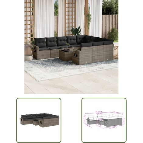 The Living Store 11-tlg. Garten-Sofagarnitur mit Kissen Grau Poly Rattan - Gartenmöbel - Sofas - Outdoor Möbel - Rattan Möbel - PE-Rattan (1/3)