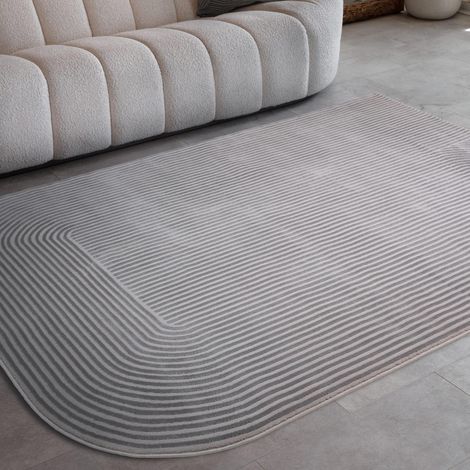 Kuza Shape Rug Soft Silky Curved Edges Abstract Modern Plain Striped Rug in Silver / Grey 120 x 170 cm Medium (1/4)