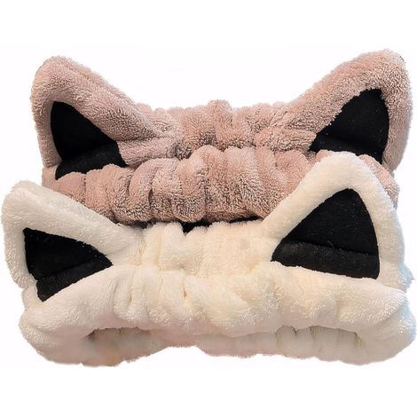 Set di 2 fasce per capelli con orecchie da gatto, graziose fasce da spa per lavarsi il viso, prendersi cura della pelle e truccarsi, morbidi accessori per capelli in pile di corallo per uomo e donna, 
