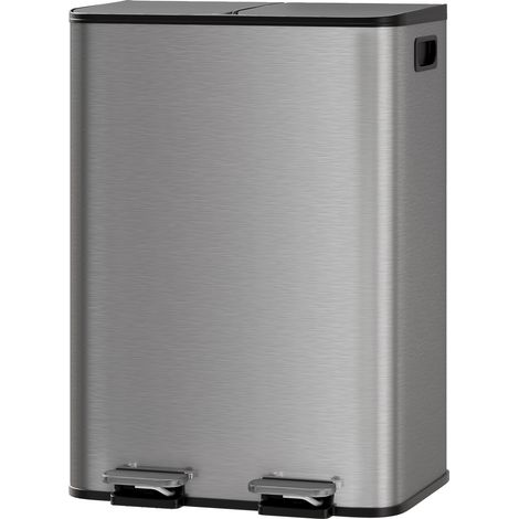 Poubelle de Cuisine 2 Compartiments 2x30L, Acier Inoxydable, Pédale, Couvercle à Fermeture Douce, Anti-empreintes, Gris (1/5)