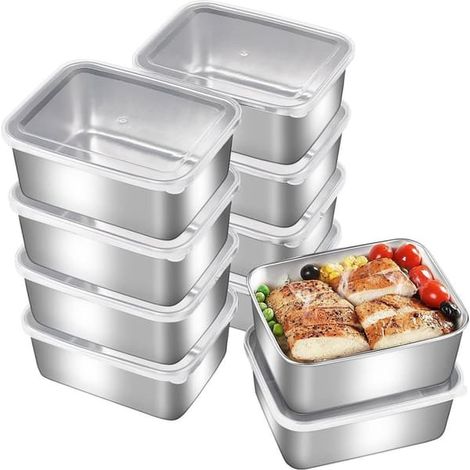 Lot de 10 boîtes alimentaires en acier inoxydable avec couvercles – Capacité de 580 ml – Boîtes à lunch hermétiques pour réfrigérateur, congélateur, pique-niques et camping – 14 x 11 x 5,5 cm – Argent