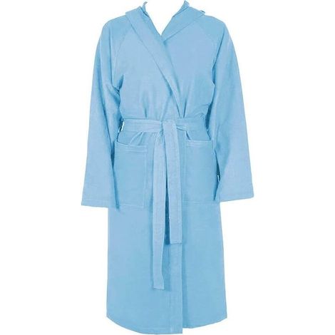 Peignoir Microfibre Moderne Couleur Unie Doux Homme Femme Ceinture Poches Capuche Bleu Clair - S (1/4)