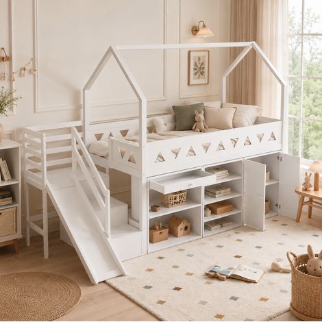 Cama infantil 90x200 cm de madera y MDF blanca con tobogán y almacenaje, sin colchón – MEUBLIV (1/5)