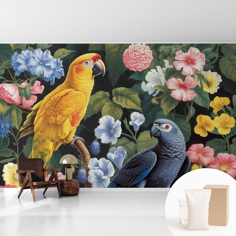 Papier peint intissé pour salon chambre à coucher peint imprimé pour mur - Colle incluse gratuite Oiseaux exotiques 416x254 cm (1/5)