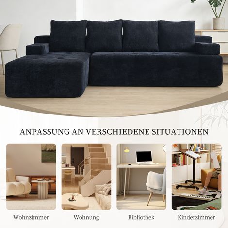 Canapé en L en chenille réversible sans assemblage. Chaise longue et deux porte-gobelets,compartiment latéral pour salon et appartement.
