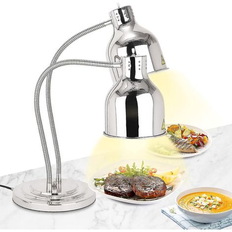 Lampe chauffante sur pied 250 W argentée pour buffet, avec tuyau extensible jusqu'à 70 cm, idéale pour les buffets, les cuisines et les restaurants (ampoule simple ou double). (1/5)